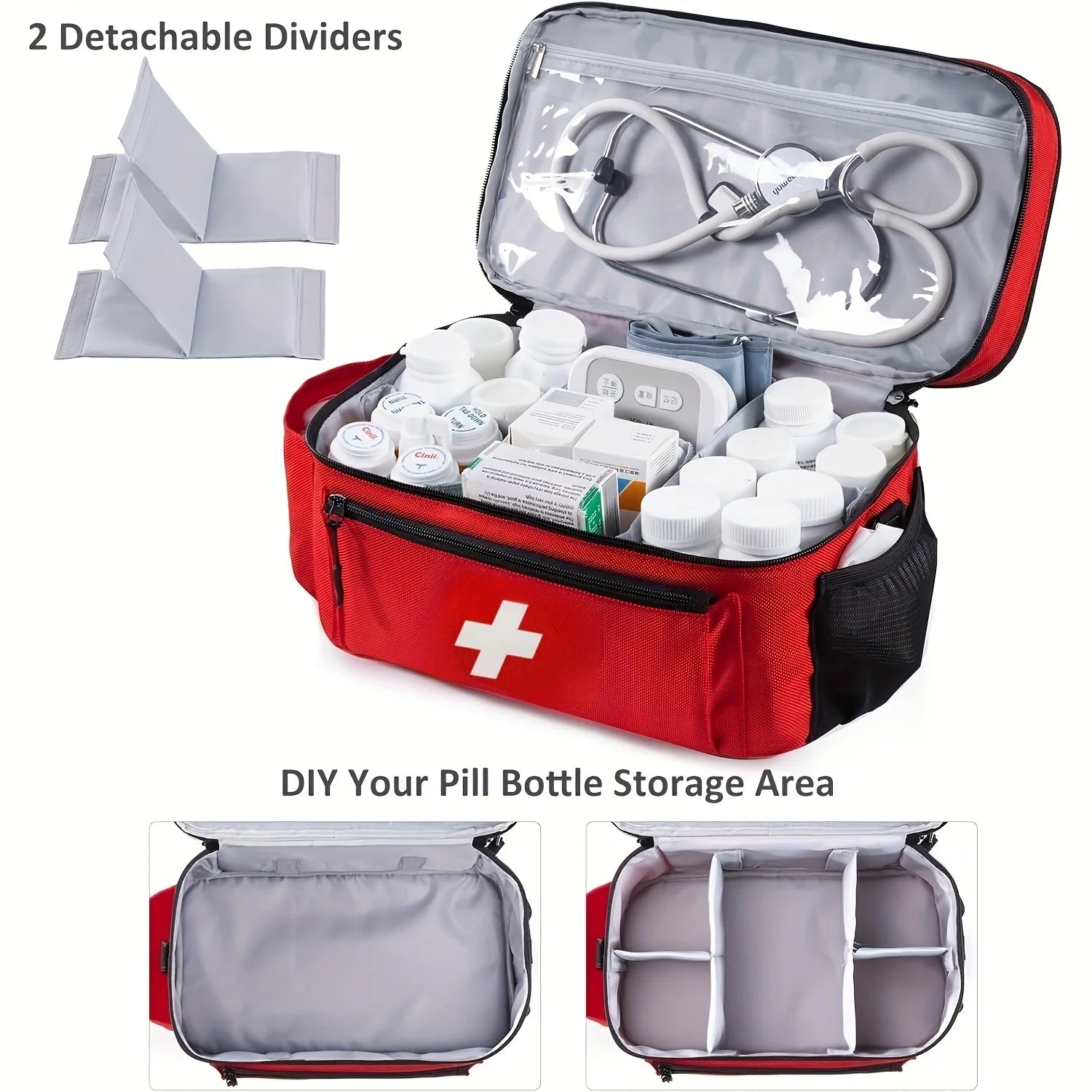Large capacity travel medicine storage bag, portable emergency kit, double-layered design, front pouch, multiple ways to carry.