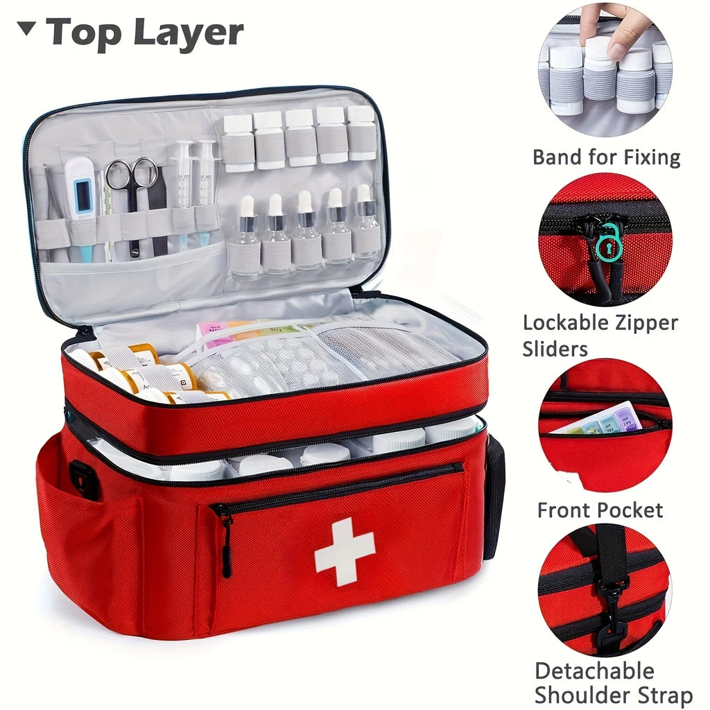 Large capacity travel medicine storage bag, portable emergency kit, double-layered design, front pouch, multiple ways to carry.