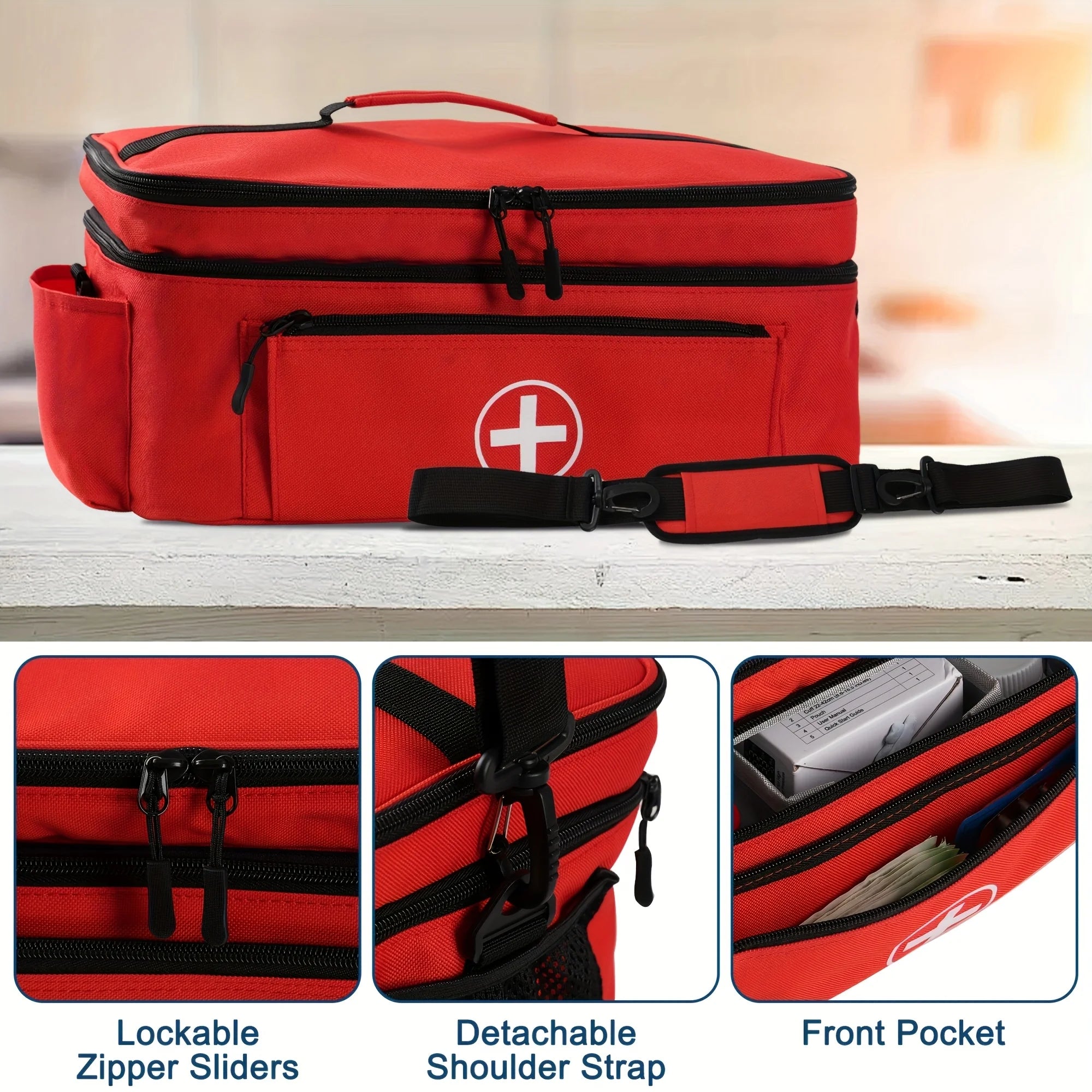 Large capacity travel medicine storage bag, portable emergency kit, double-layered design, front pouch, multiple ways to carry.