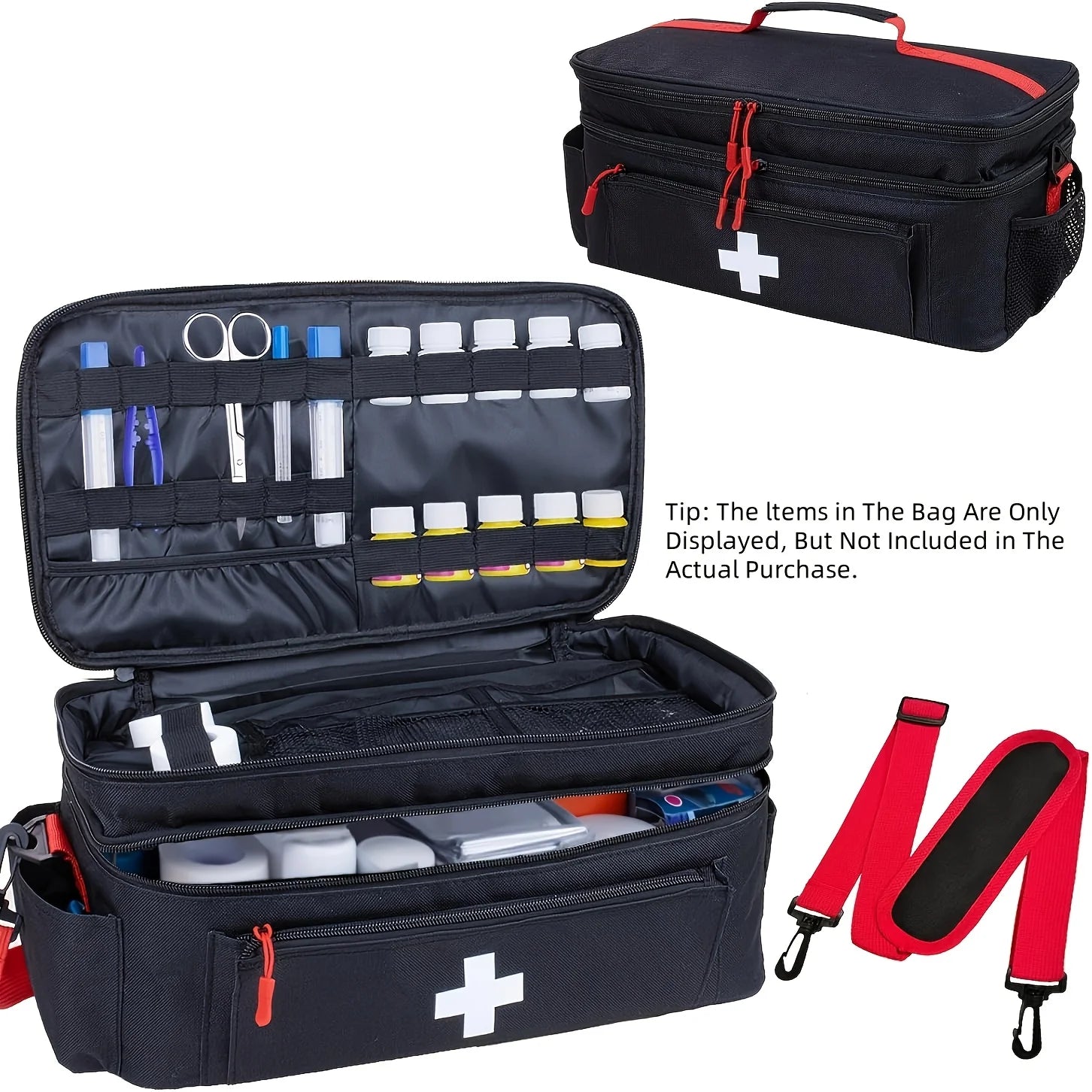 Large capacity travel medicine storage bag, portable emergency kit, double-layered design, front pouch, multiple ways to carry.