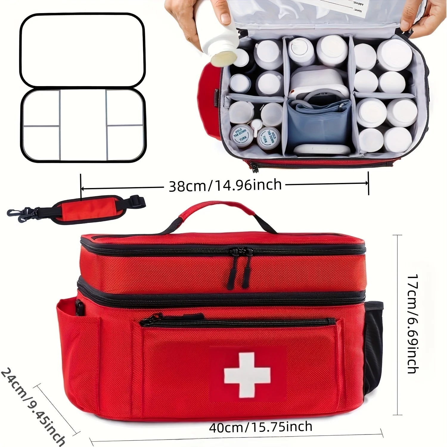Large capacity travel medicine storage bag, portable emergency kit, double-layered design, front pouch, multiple ways to carry.